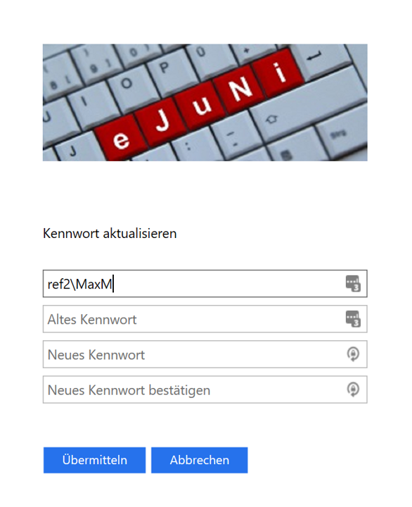 Seite „Kennwort aktualisieren“ mit dem Benutzernamen ref2\MaxM und den Feldern altes Kennwort, neues Kennwort und Bestätigung.