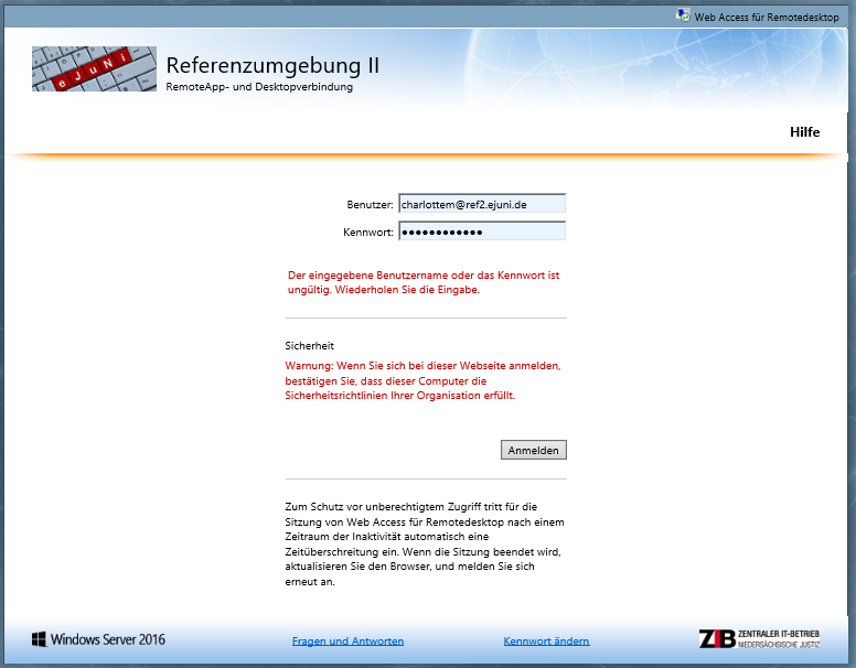 Anmeldeseite „Web Access für Remotedesktop“ der Referenzumgebung II mit den Feldern Benutzer (Beispiel charlottem@ref2.ejuni.de) und Kennwort.