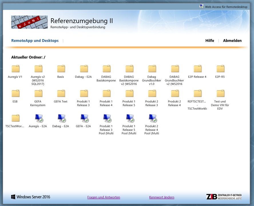 Ansicht „RemoteApp und Desktops“: Ordner der freigegebenen Umgebungen, zum Beispiel Auregis, Dabag und E2P, sowie einzelne Verbindungen.